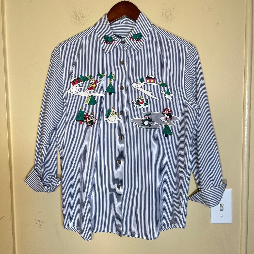 Karen Scott Blue Striped Holiday Top